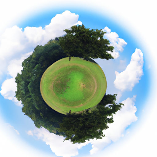 A green planet with trees and grass growing in the foreground with a blue sky and white clouds.