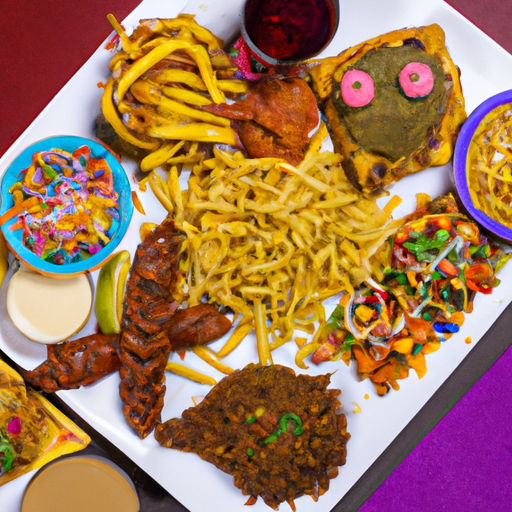 A plate of assorted global fast food dishes, arranged in a colorful and appealing way.