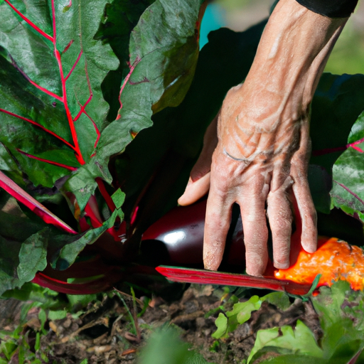 A close-up of a farmer's hand picking ripe vegetables from a garden.