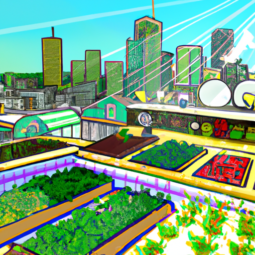 A cityscape featuring sustainable food sources such as rooftop gardens, greenhouses, and urban farms.
