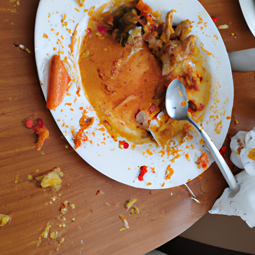 A plate of food with half of it spilled onto the table.