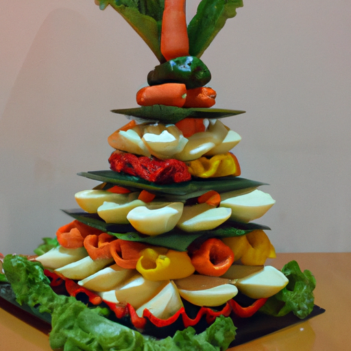 A plate of colorful vegetables arranged in a pyramid shape.