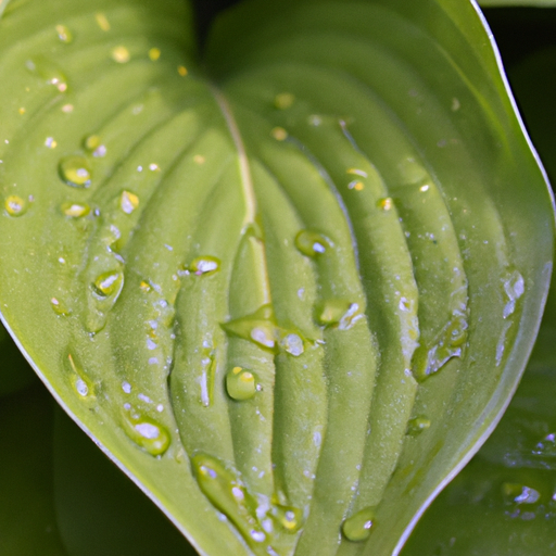 A close-up of a green leaf with dew drops collecting on its surface.