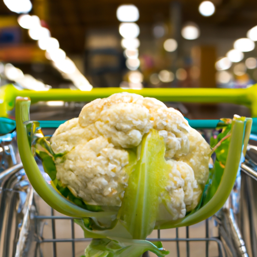 A close-up of a vegetable with a shopping cart in the background.