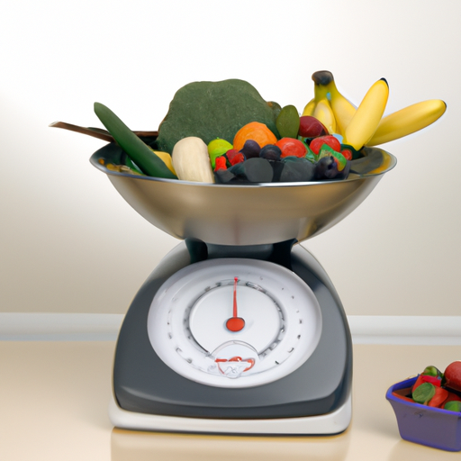 A bowl of fresh vegetables, fruits, and grains with a scale beside it.