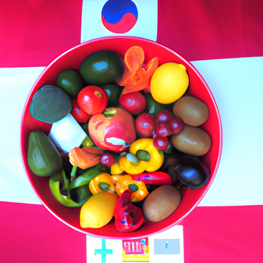 A bowl of colorful fruits and vegetables surrounded by world flags.