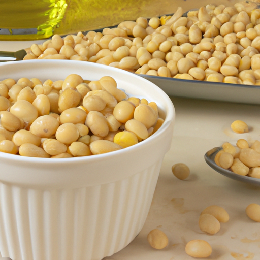 A bowl of cooked soybeans with a scoop of raw soybeans in the foreground.