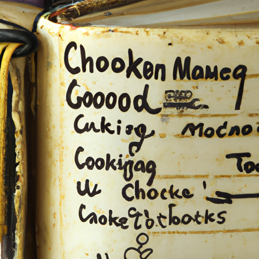 A close-up of a vintage cookbook with notes and ingredients written in the margins.