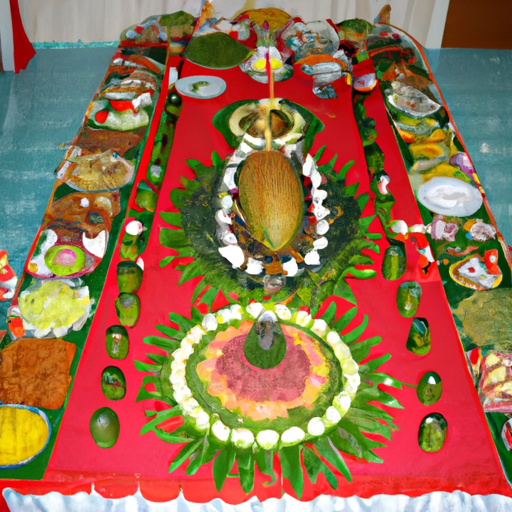 A still-life of a variety of foods arranged in a ceremonial pattern.
