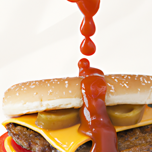 A close-up of a hamburger with condiments spilling out of the bun.