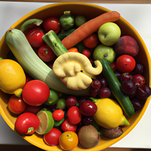 A bowl of colorful vegetables and fruits in a variety of shapes and sizes.