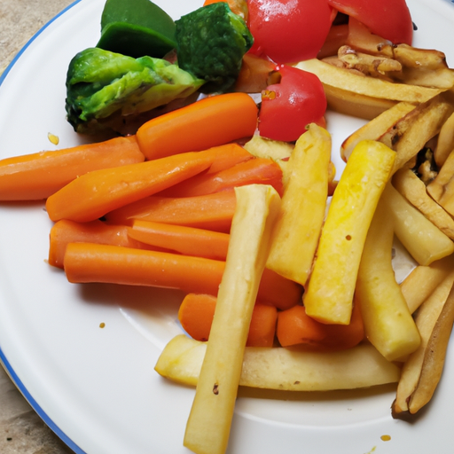 A plate of colorful vegetables with a side of french fries.