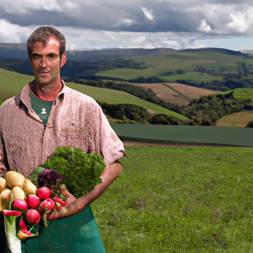 A farmer holding freshly-picked produce in a field with a rolling hill in the background.