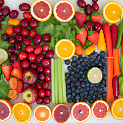 A close-up of a variety of organic fruits and vegetables arranged in a rainbow pattern.