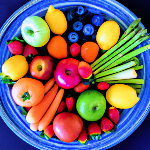 A colorful plate of various fruits and vegetables arranged in a circular pattern.