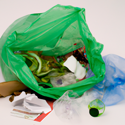 A green garbage bag overflowing with scraps of paper and other recyclable materials.