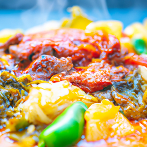 A close-up of a plate of food with multiple colorful ingredients, steaming hot and ready to be enjoyed.