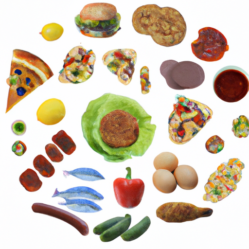 A colorful collage of various food items arranged in a circle.