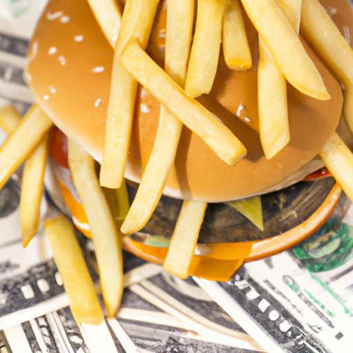 A hamburger with fries in a pile of dollar bills.